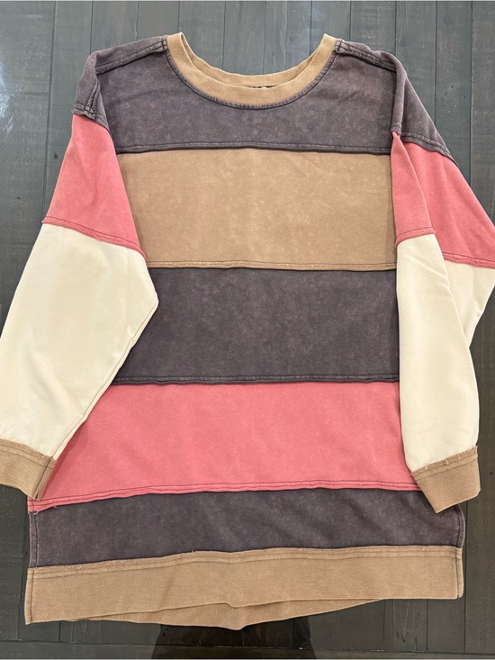 Umgee Tops - Umgee Striped Colorblock Crewneck Sweatshirt in Charcoal, Cream, Tan